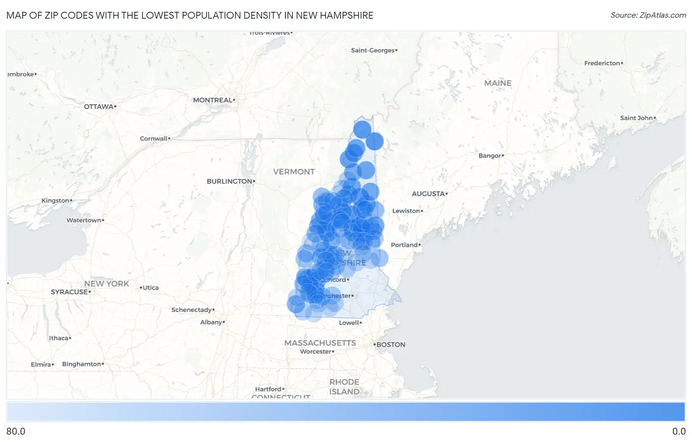 Zip Codes with the Lowest Population Density in New Hampshire Map
