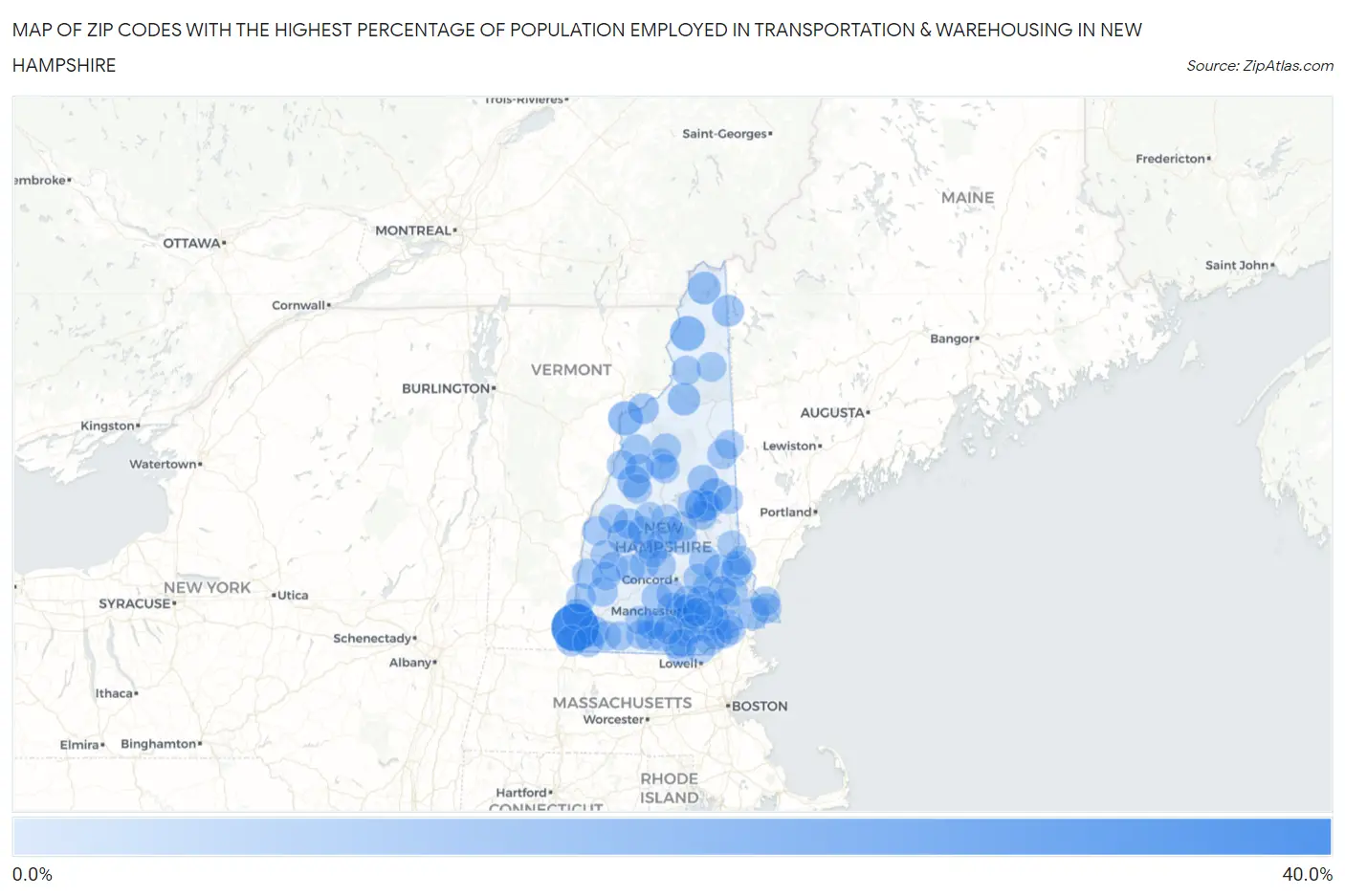 Zip Codes with the Highest Percentage of Population Employed in Transportation & Warehousing in New Hampshire Map