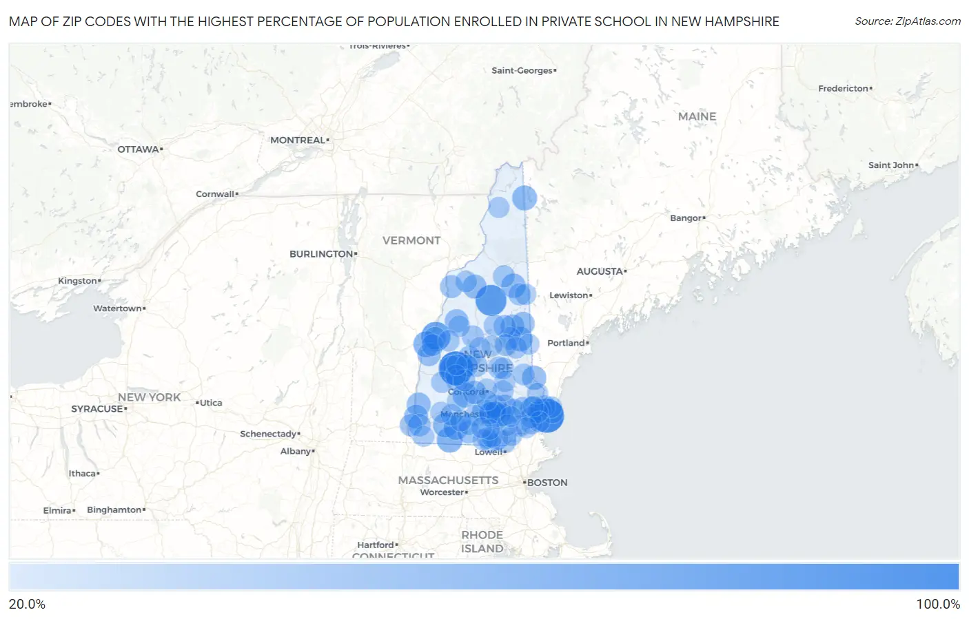 Zip Codes with the Highest Percentage of Population Enrolled in Private School in New Hampshire Map
