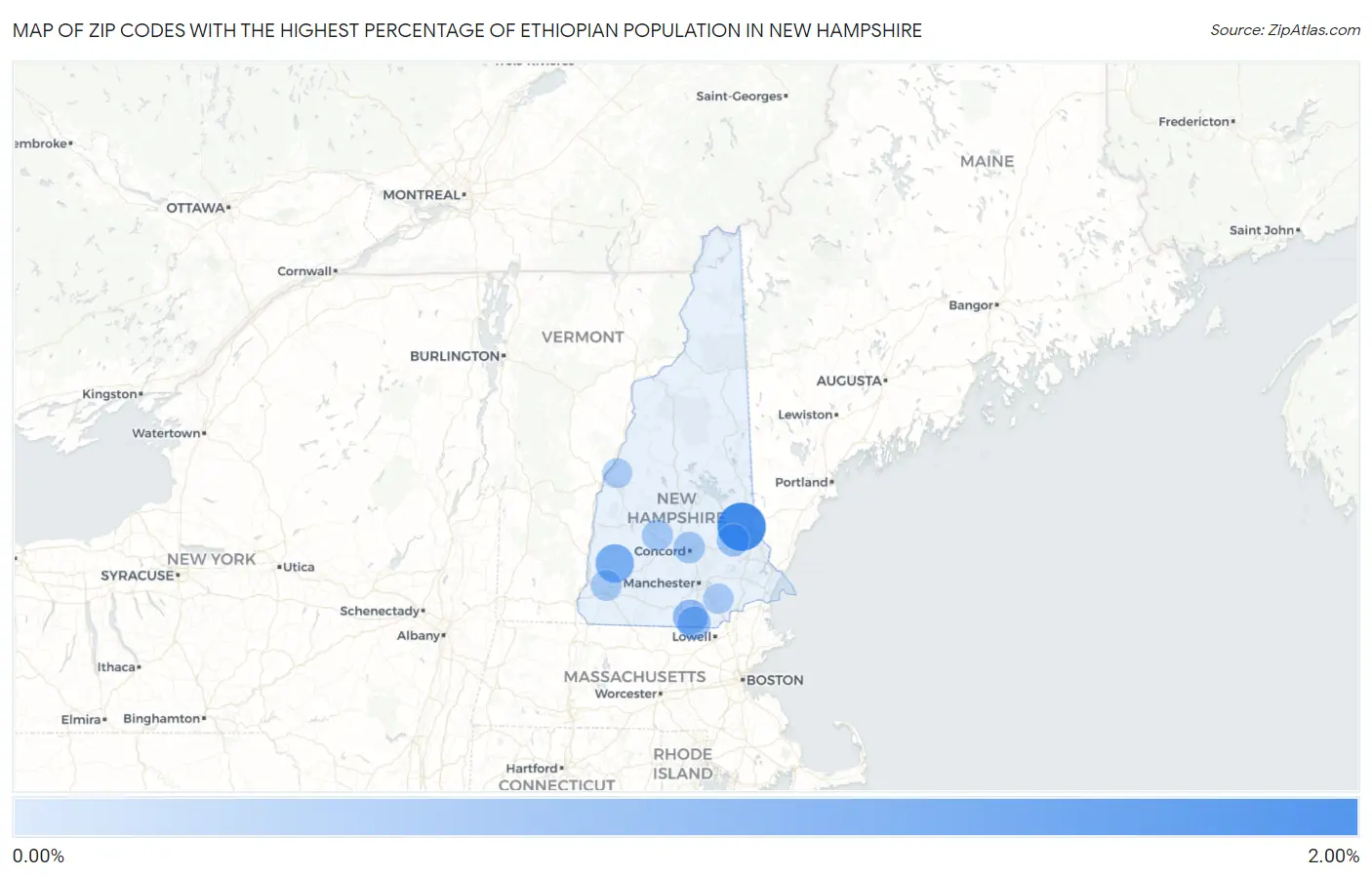 Zip Codes with the Highest Percentage of Ethiopian Population in New Hampshire Map