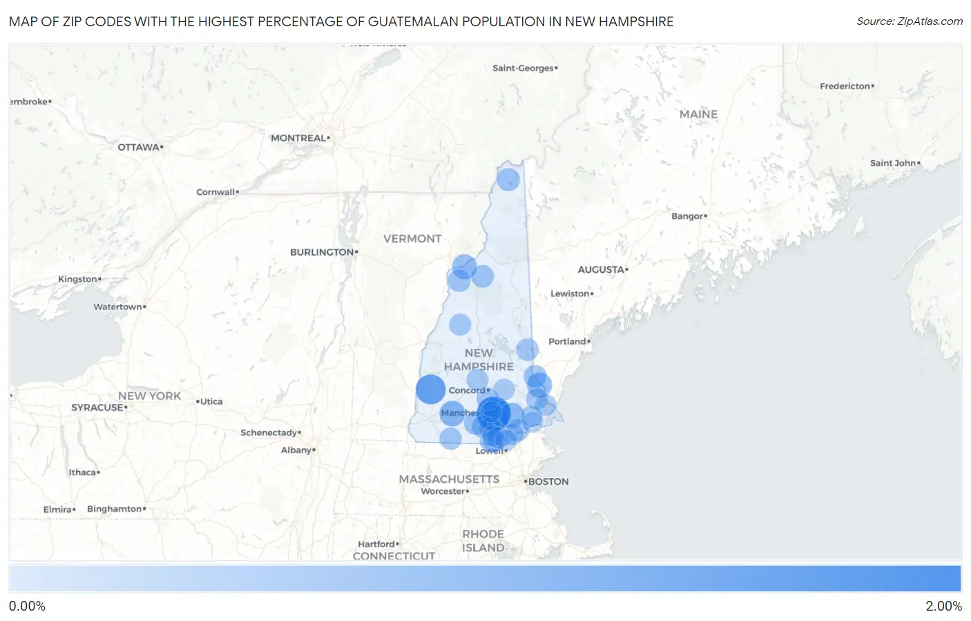 Zip Codes with the Highest Percentage of Guatemalan Population in New Hampshire Map