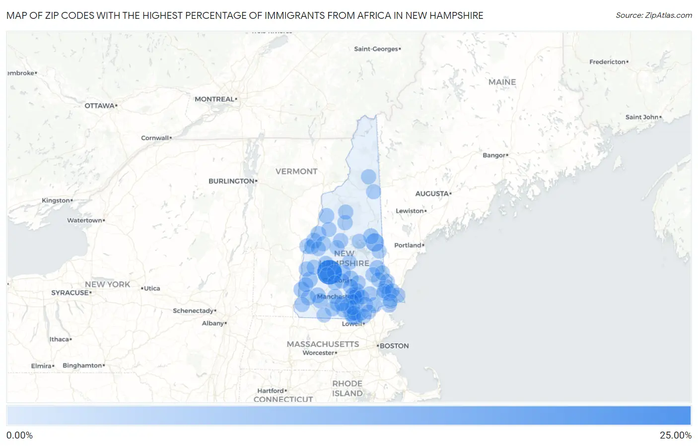 Zip Codes with the Highest Percentage of Immigrants from Africa in New Hampshire Map