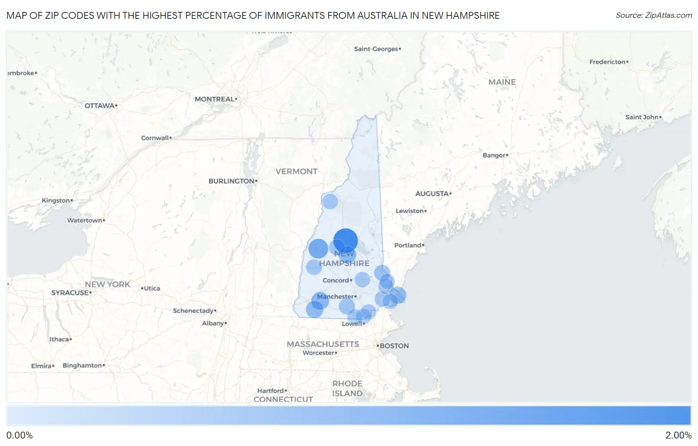 Zip Codes with the Highest Percentage of Immigrants from Australia in New Hampshire Map