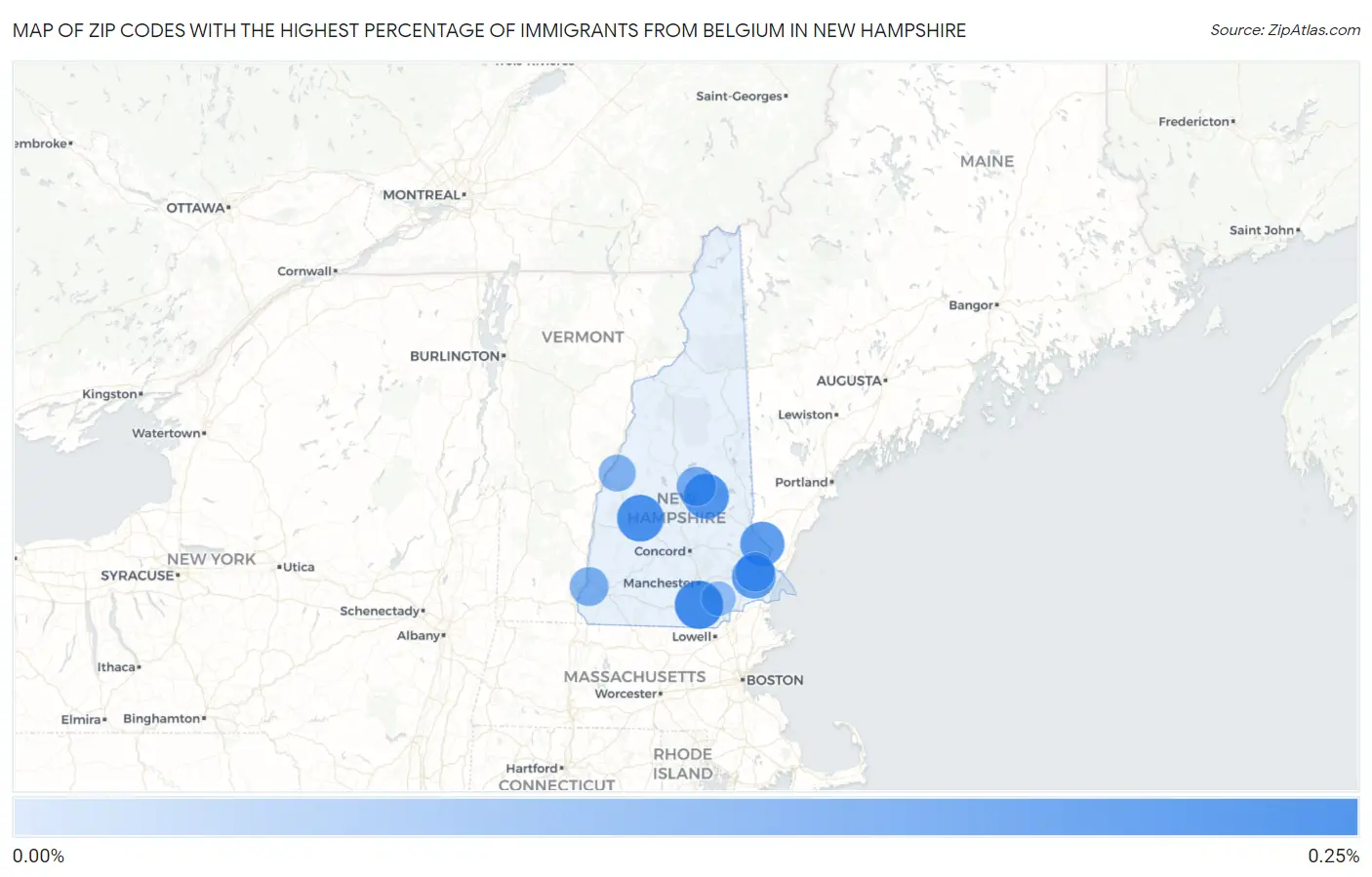 Zip Codes with the Highest Percentage of Immigrants from Belgium in New Hampshire Map