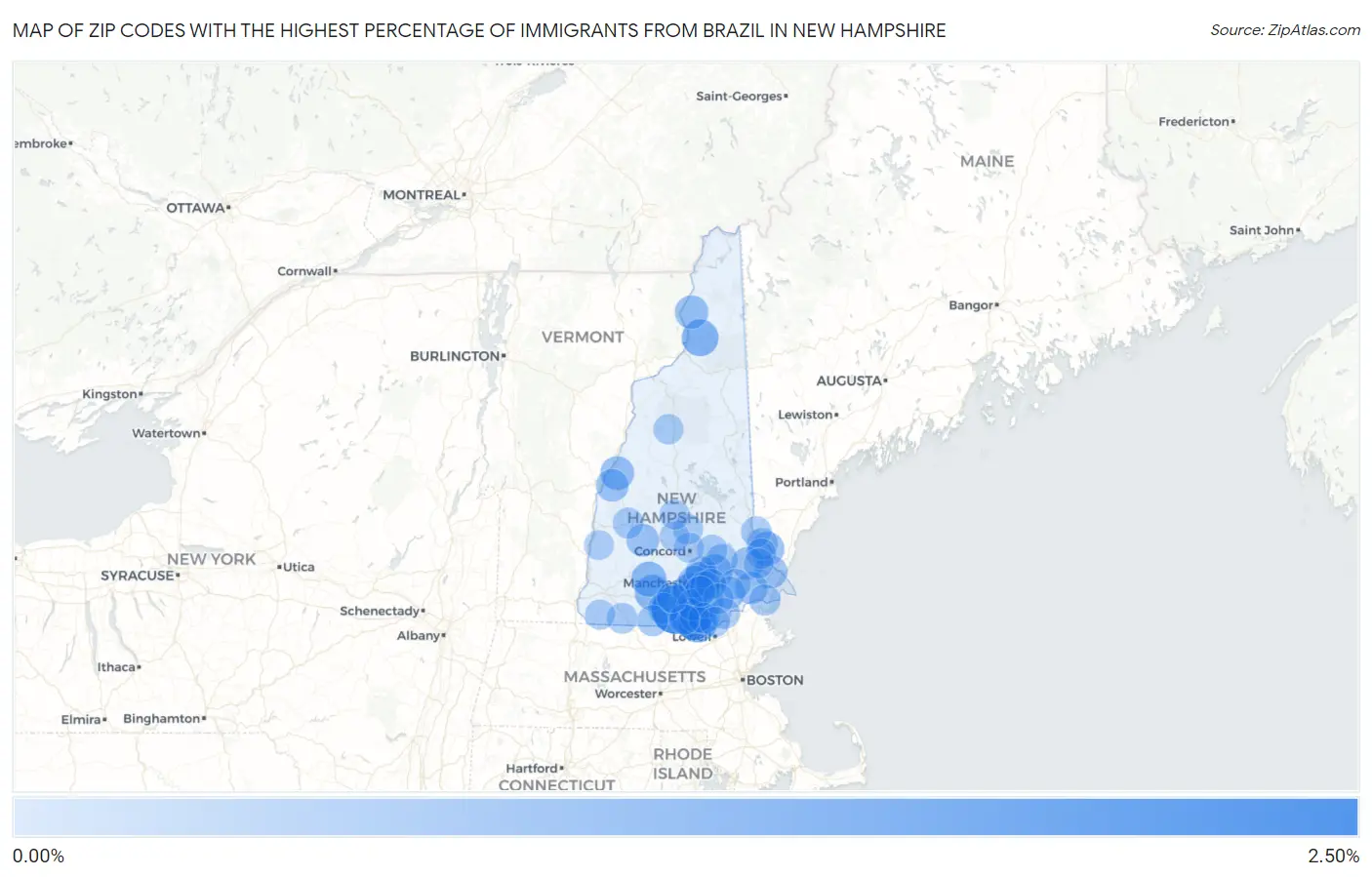 Zip Codes with the Highest Percentage of Immigrants from Brazil in New Hampshire Map