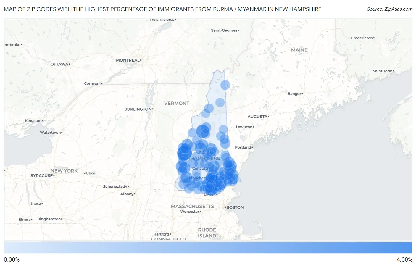 Zip Codes with the Highest Percentage of Immigrants from Burma / Myanmar in New Hampshire Map