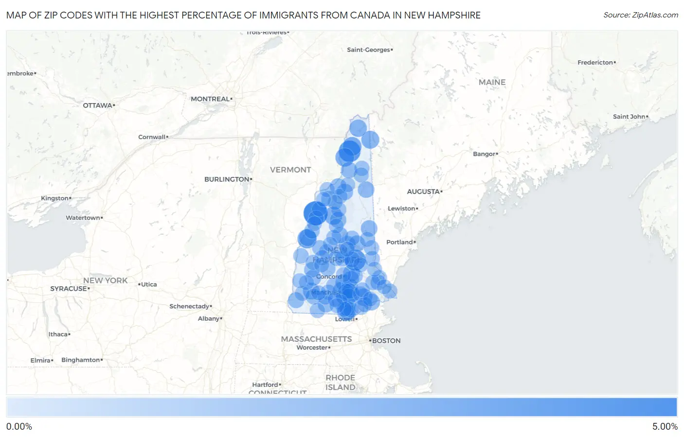 Zip Codes with the Highest Percentage of Immigrants from Canada in New Hampshire Map