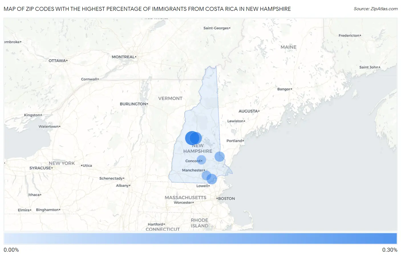 Zip Codes with the Highest Percentage of Immigrants from Costa Rica in New Hampshire Map