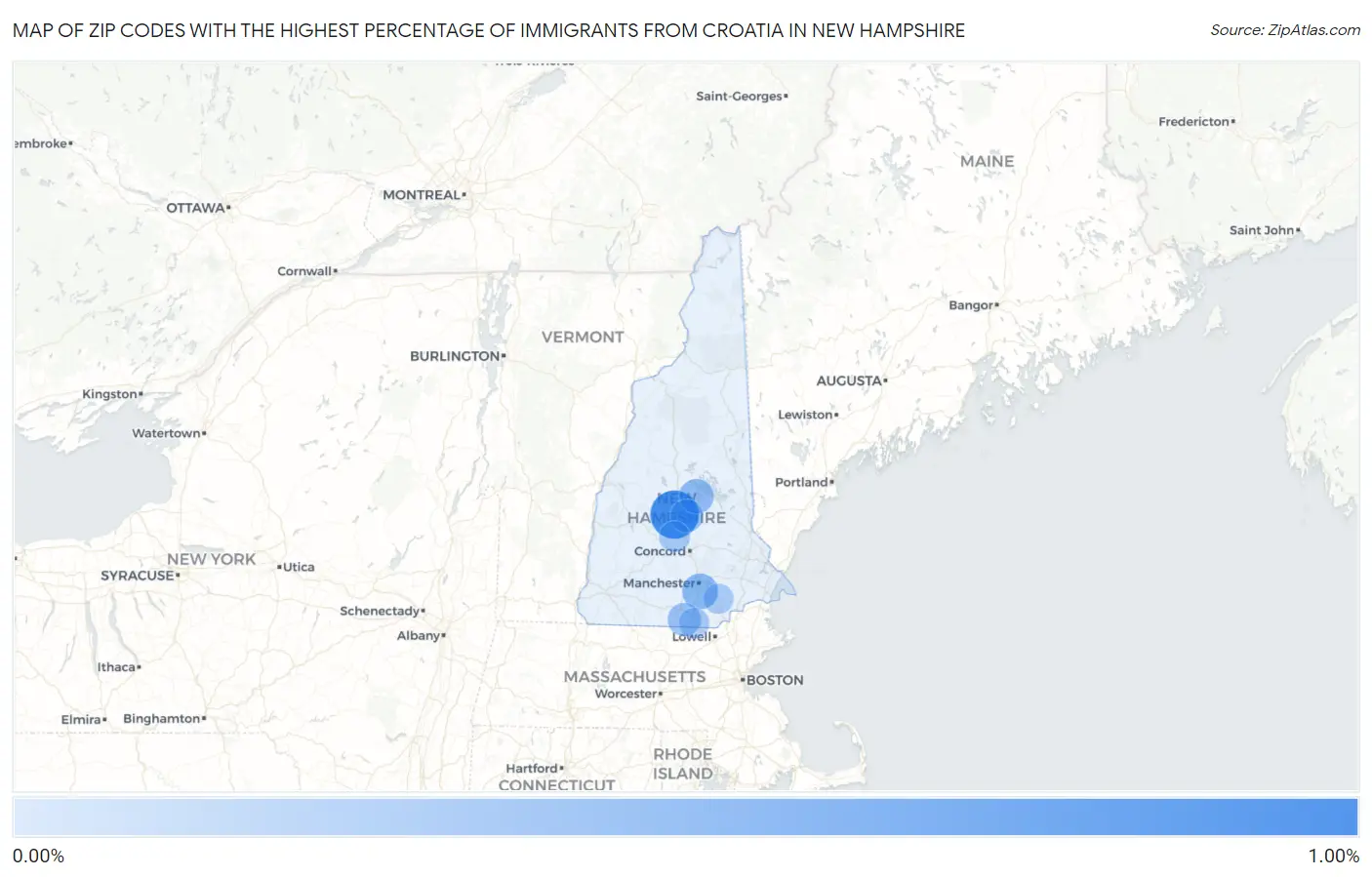 Zip Codes with the Highest Percentage of Immigrants from Croatia in New Hampshire Map