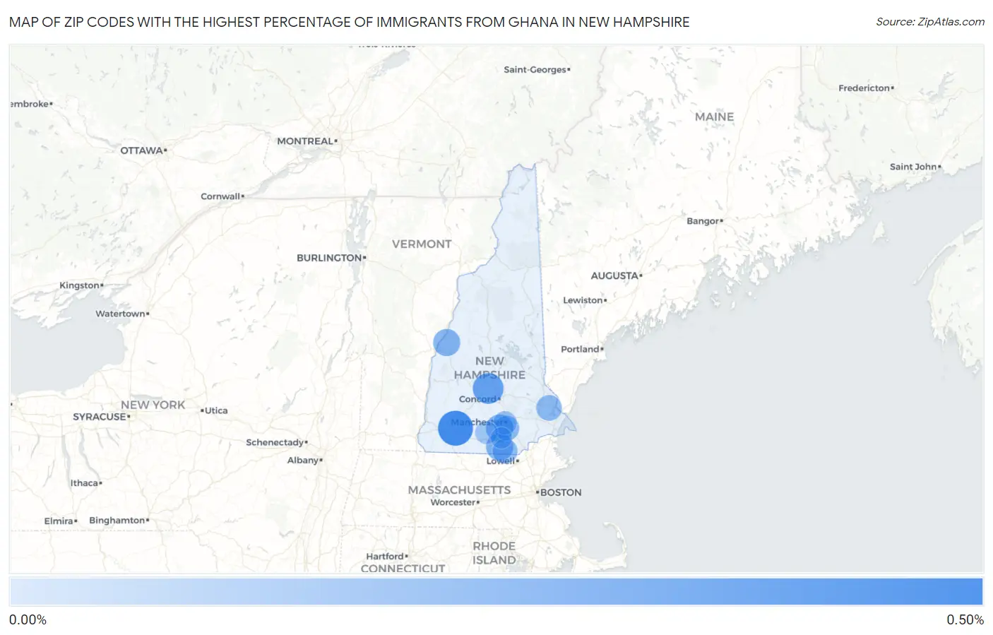 Zip Codes with the Highest Percentage of Immigrants from Ghana in New Hampshire Map