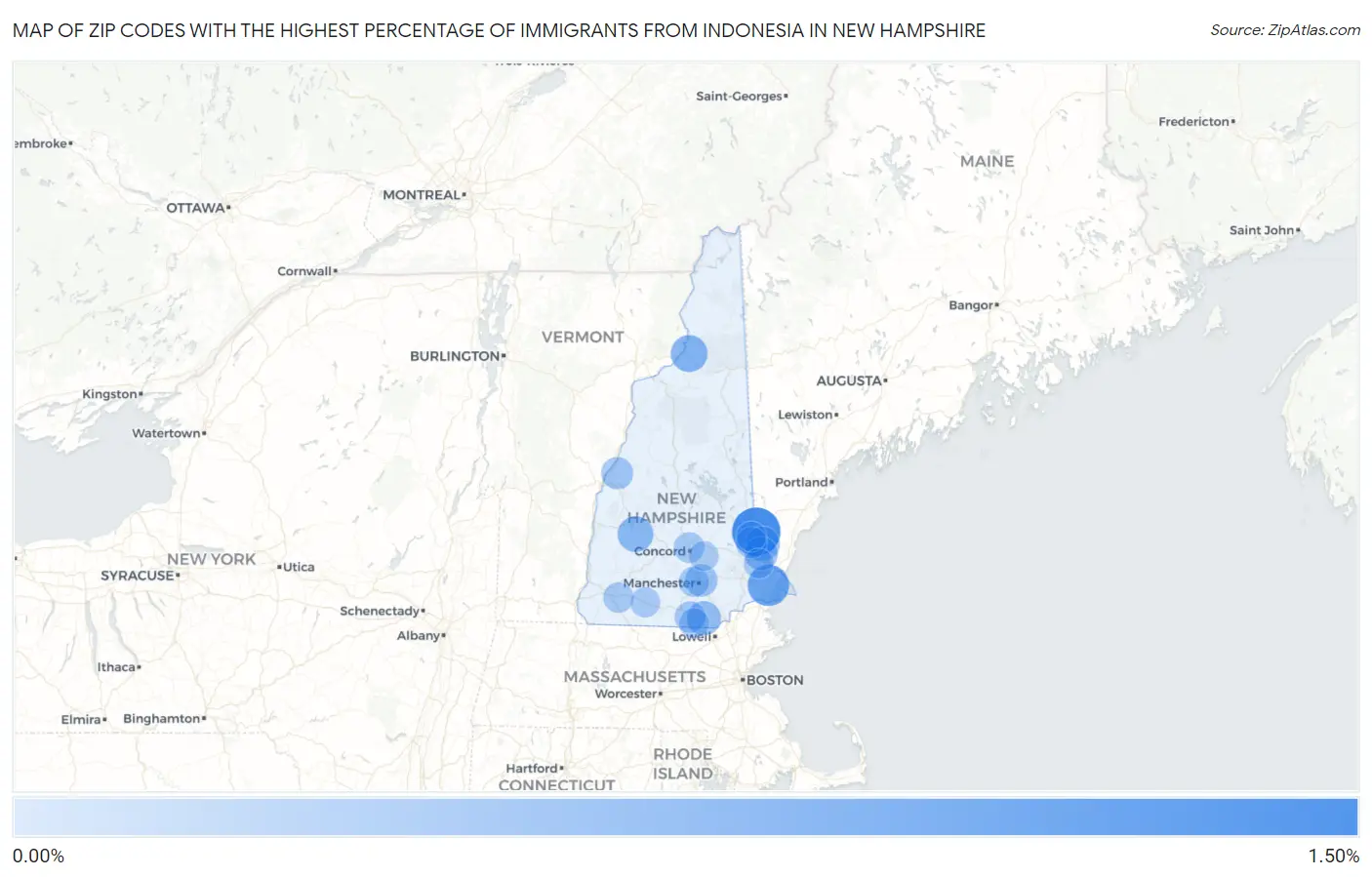 Zip Codes with the Highest Percentage of Immigrants from Indonesia in New Hampshire Map