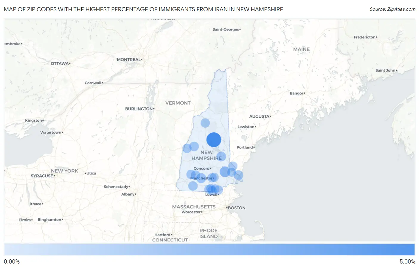 Zip Codes with the Highest Percentage of Immigrants from Iran in New Hampshire Map