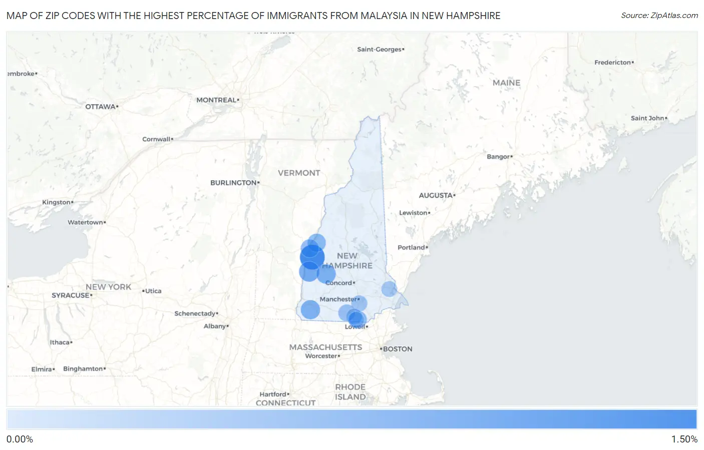 Zip Codes with the Highest Percentage of Immigrants from Malaysia in New Hampshire Map