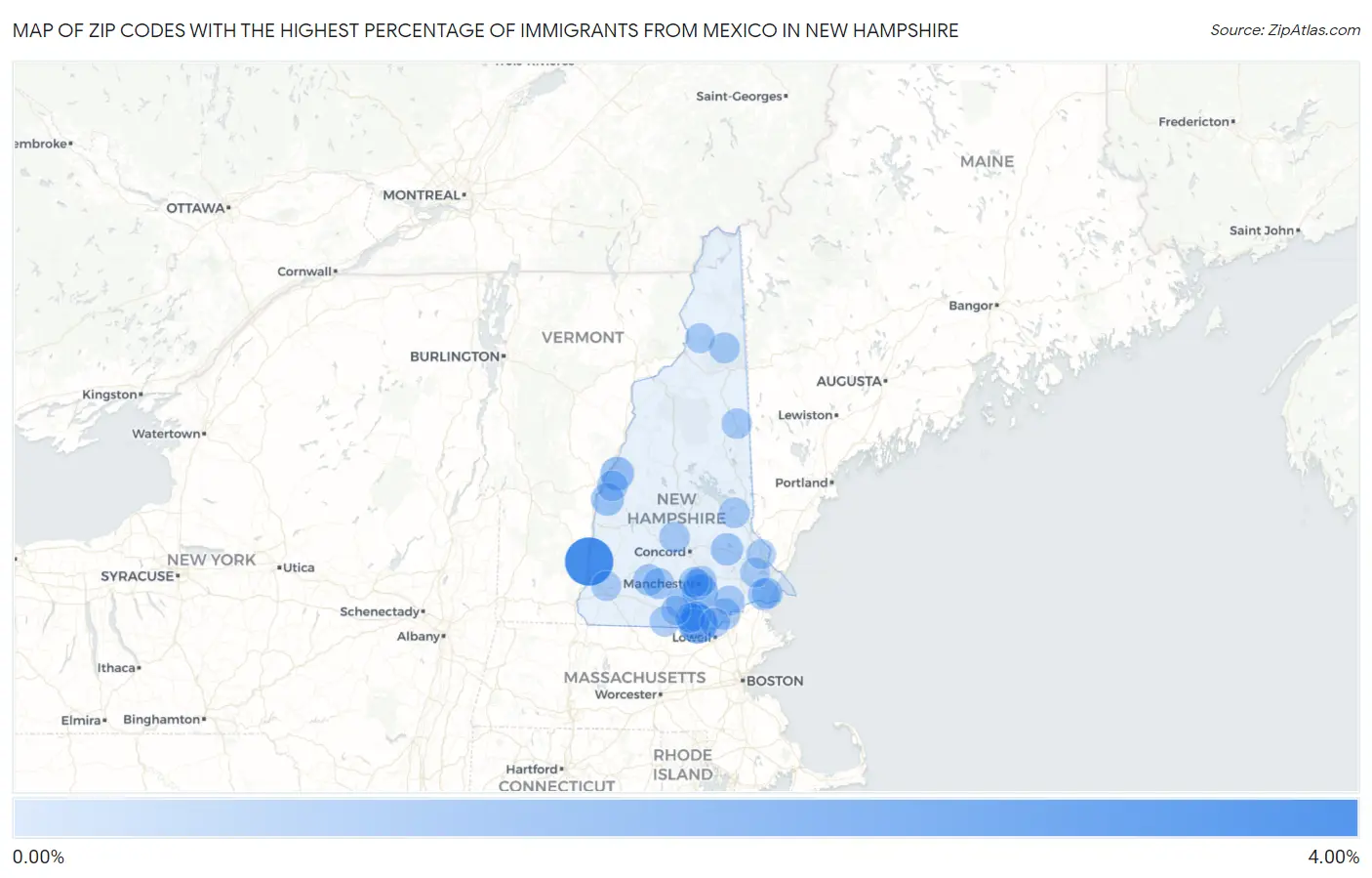 Zip Codes with the Highest Percentage of Immigrants from Mexico in New Hampshire Map
