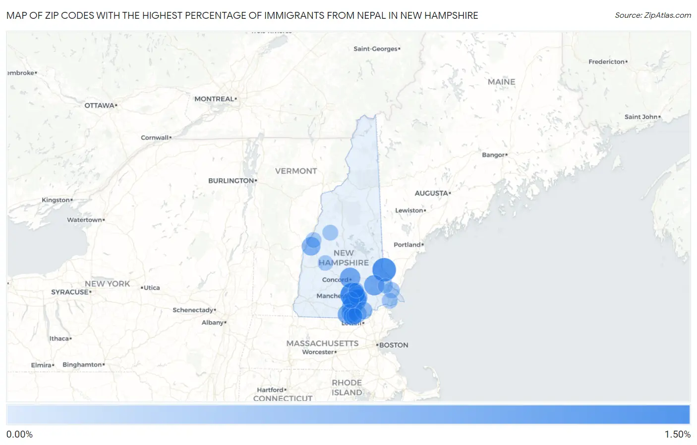 Zip Codes with the Highest Percentage of Immigrants from Nepal in New Hampshire Map