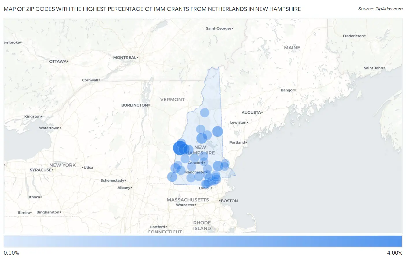 Zip Codes with the Highest Percentage of Immigrants from Netherlands in New Hampshire Map