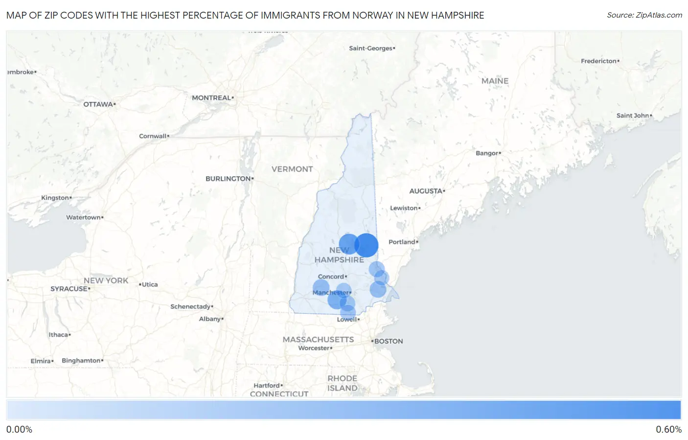Zip Codes with the Highest Percentage of Immigrants from Norway in New Hampshire Map
