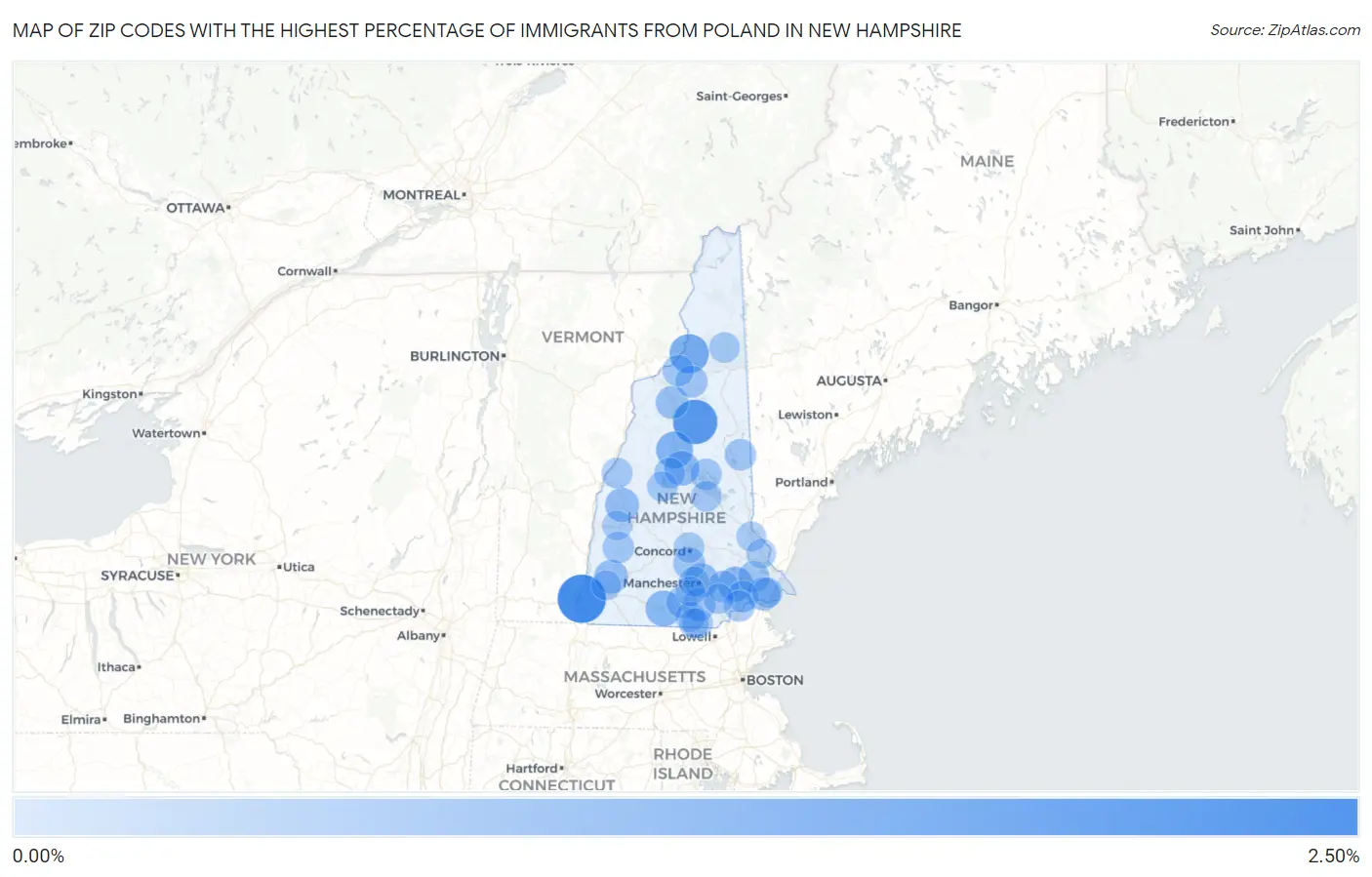 Zip Codes with the Highest Percentage of Immigrants from Poland in New Hampshire Map