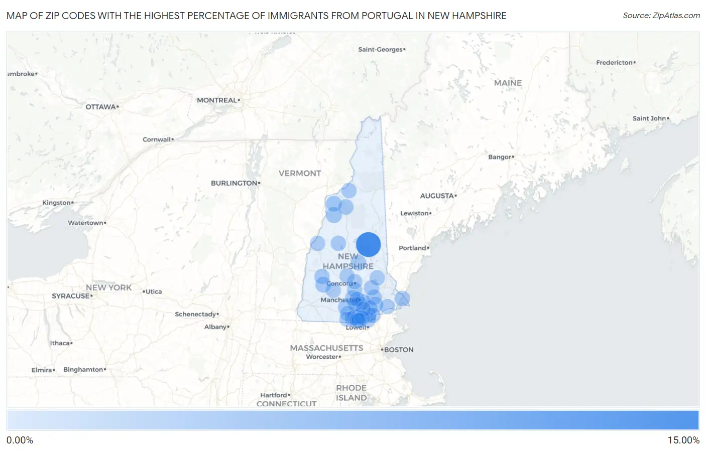 Zip Codes with the Highest Percentage of Immigrants from Portugal in New Hampshire Map