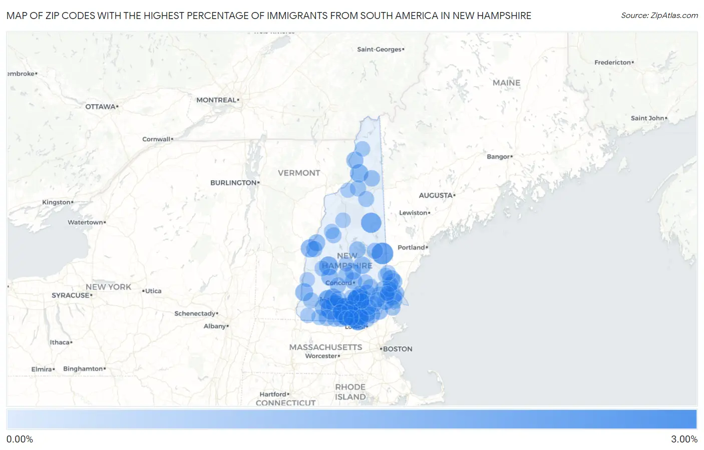 Zip Codes with the Highest Percentage of Immigrants from South America in New Hampshire Map