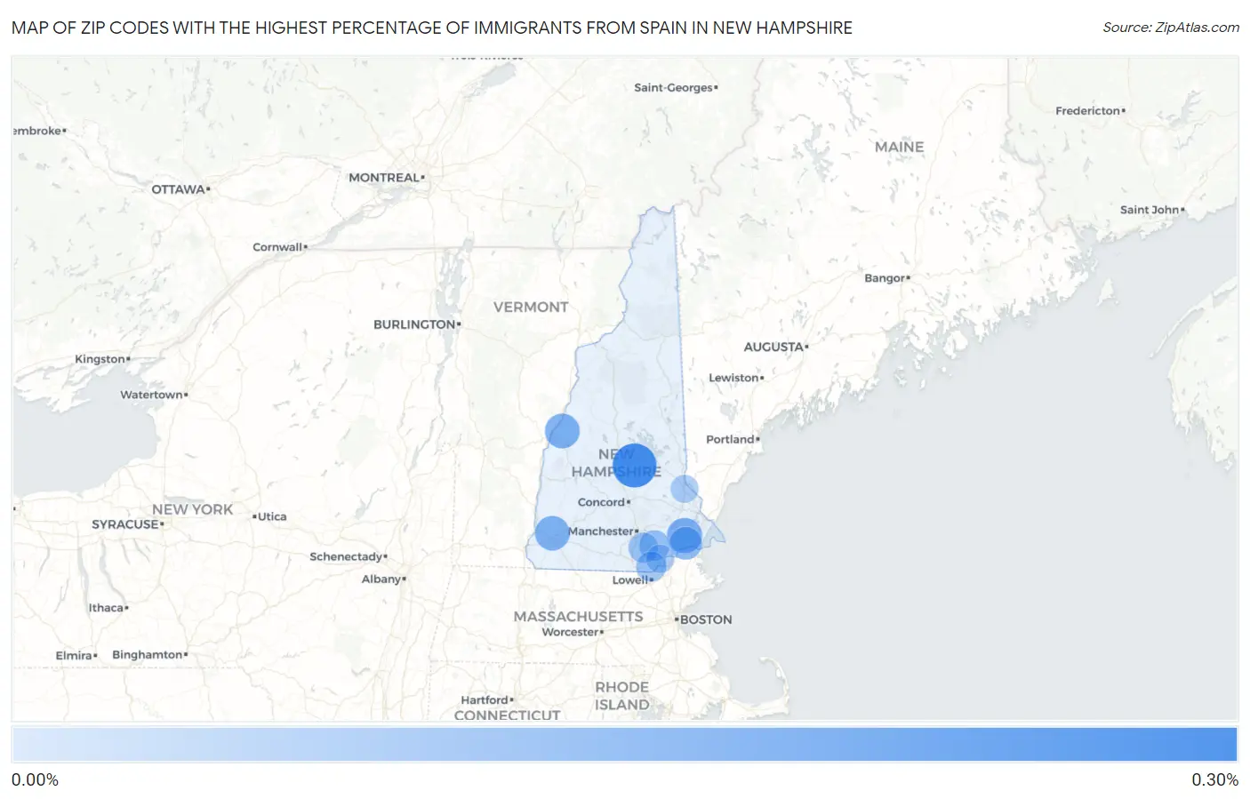 Zip Codes with the Highest Percentage of Immigrants from Spain in New Hampshire Map
