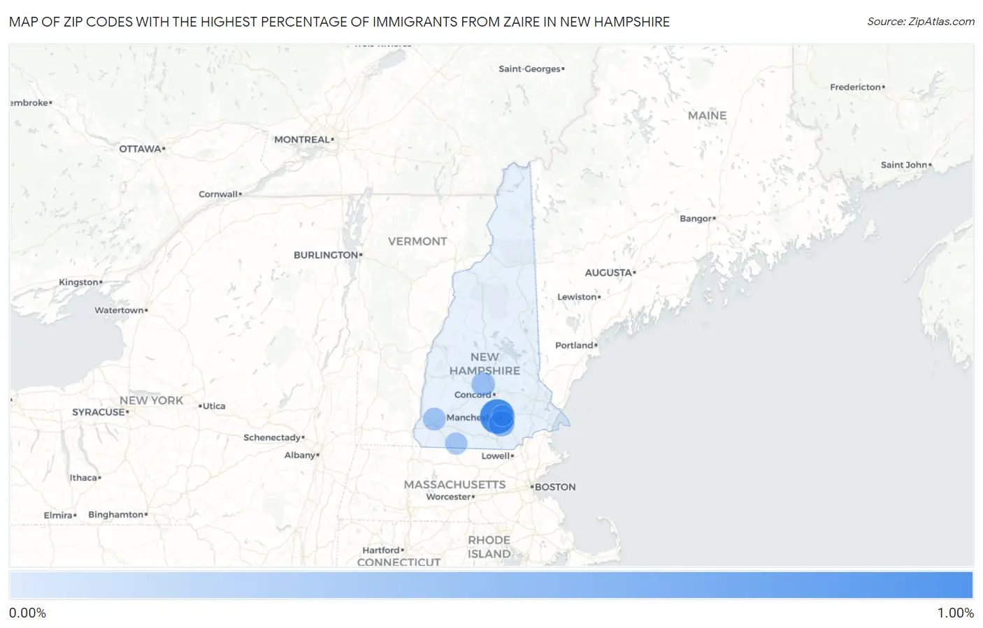 Zip Codes with the Highest Percentage of Immigrants from Zaire in New Hampshire Map