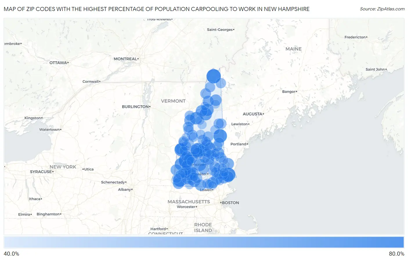 Zip Codes with the Highest Percentage of Population Carpooling to Work in New Hampshire Map
