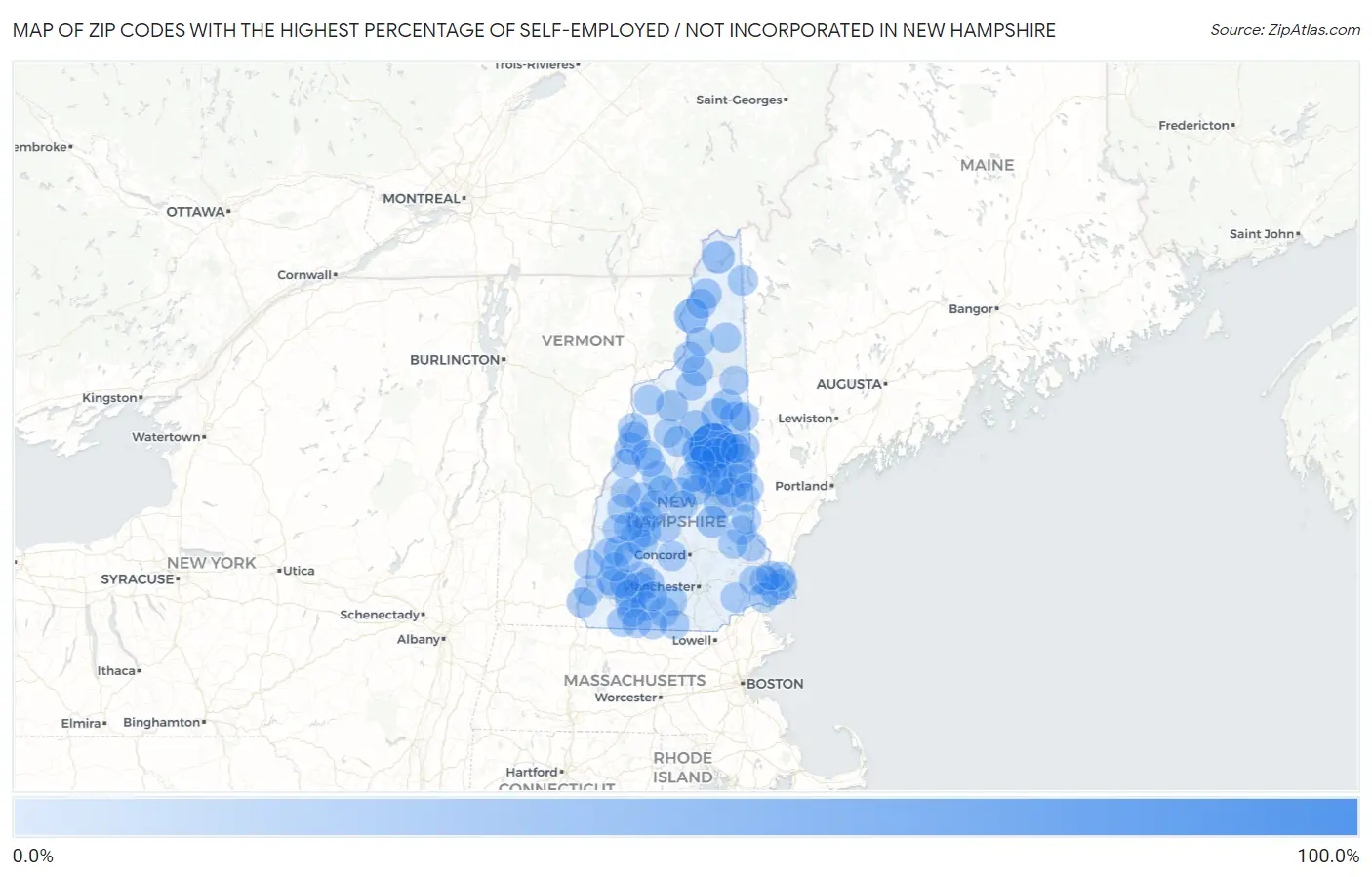 Zip Codes with the Highest Percentage of Self-Employed / Not Incorporated in New Hampshire Map