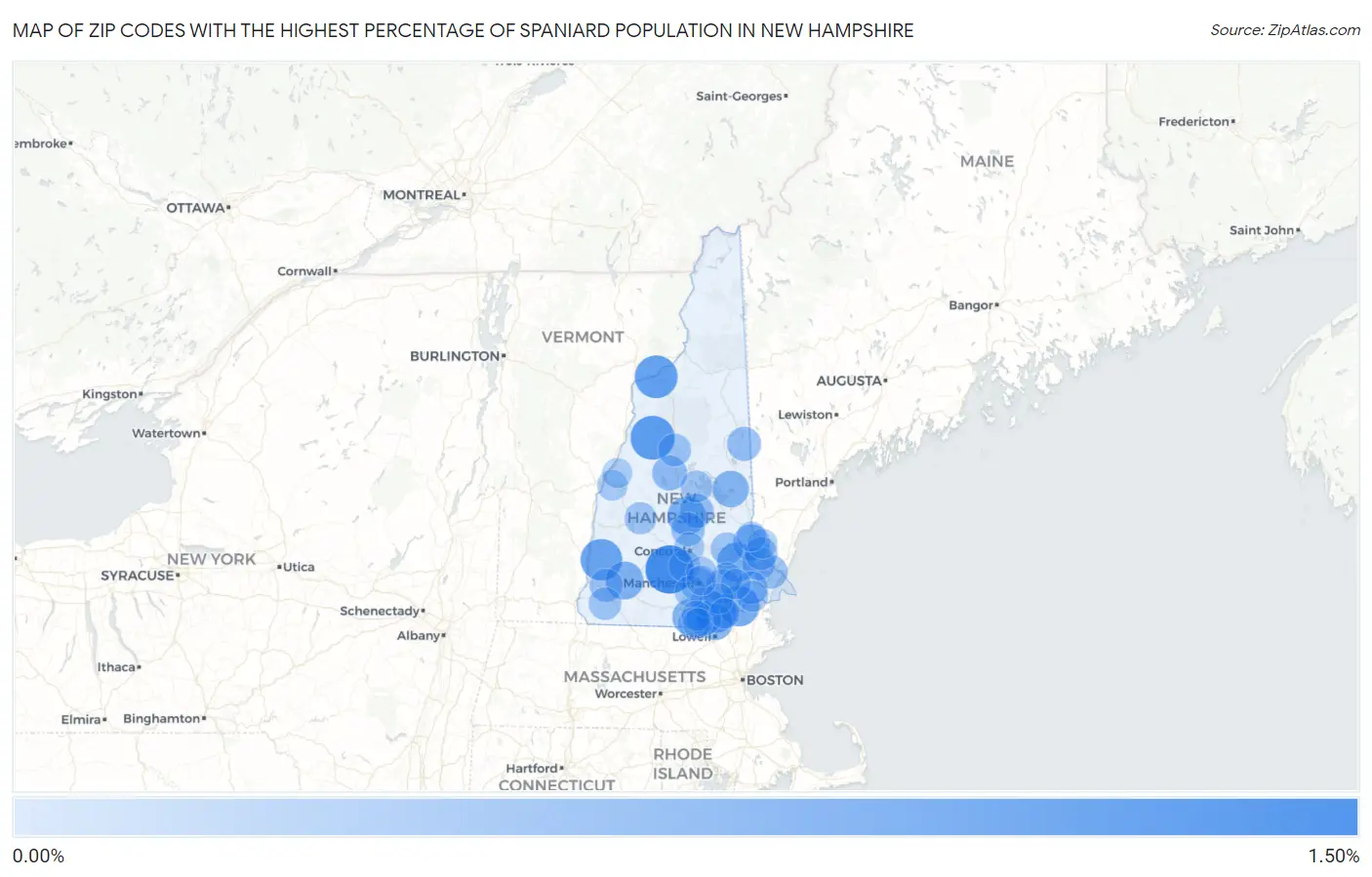 Zip Codes with the Highest Percentage of Spaniard Population in New Hampshire Map