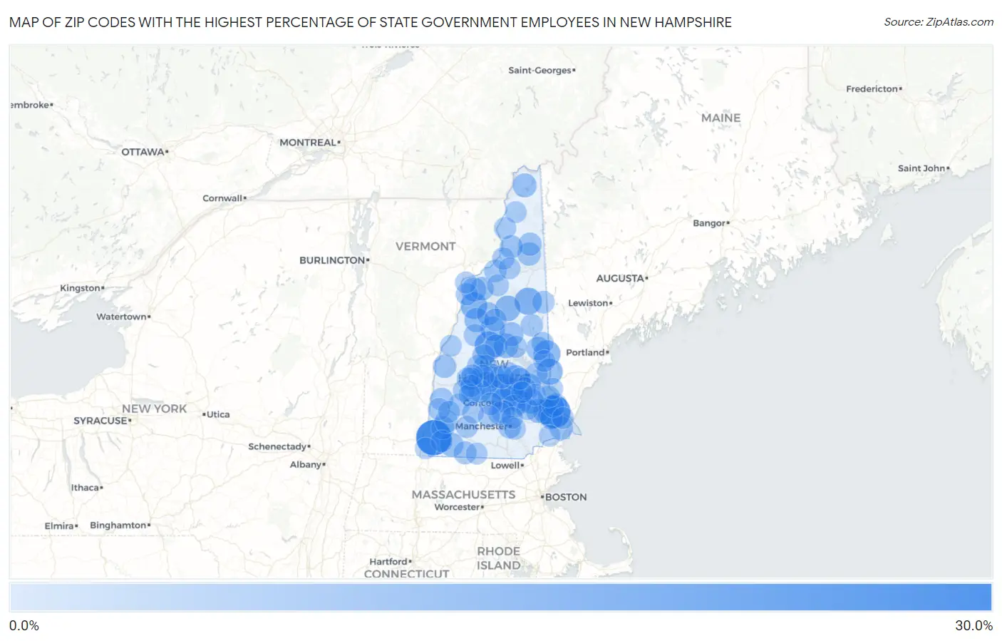 Zip Codes with the Highest Percentage of State Government Employees in New Hampshire Map
