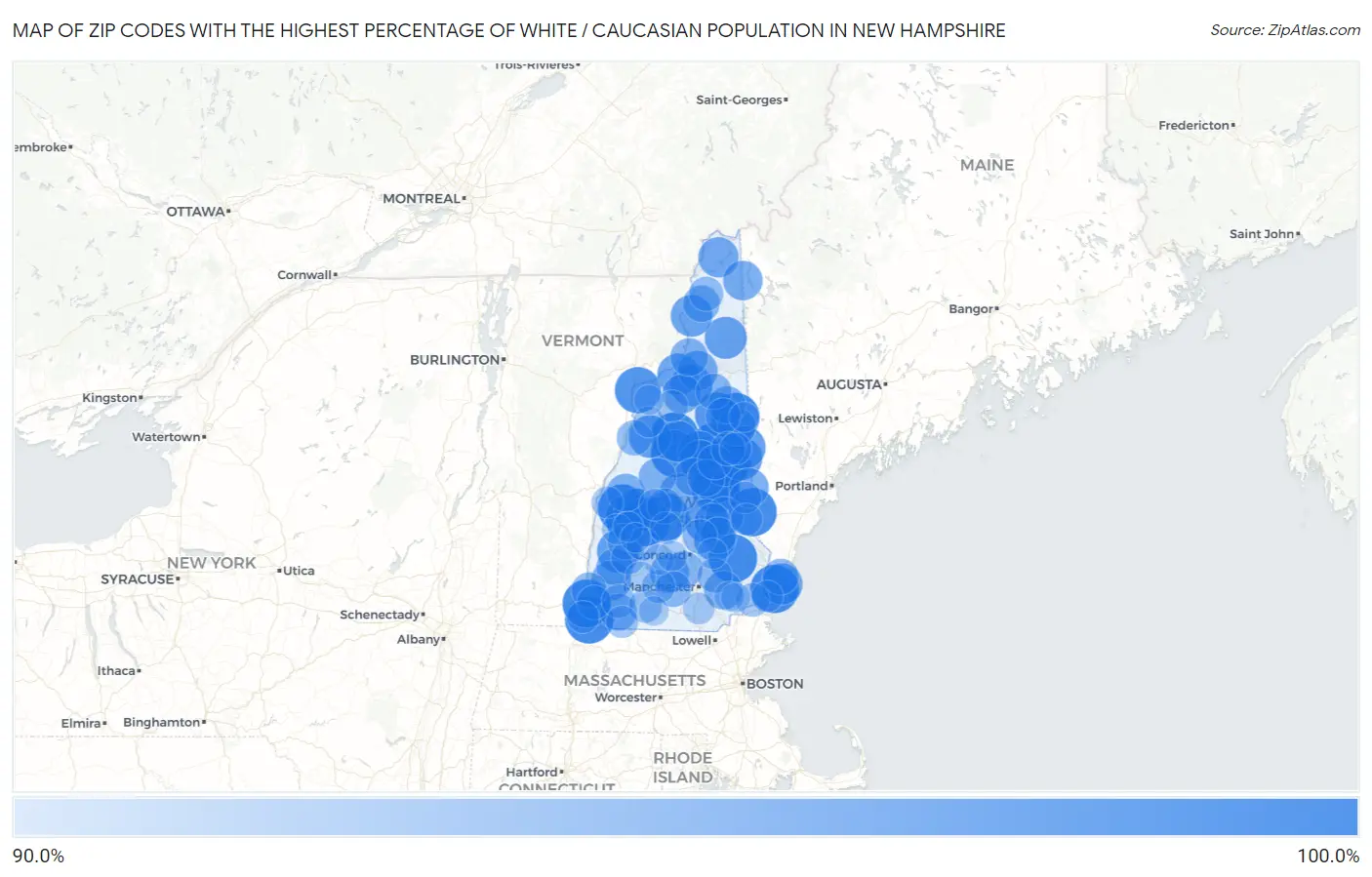 Zip Codes with the Highest Percentage of White / Caucasian Population in New Hampshire Map