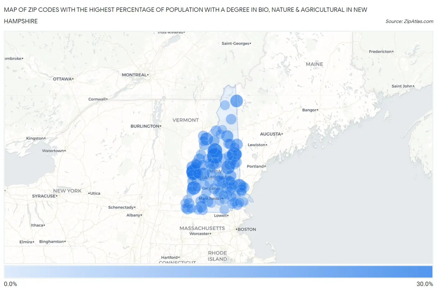 Zip Codes with the Highest Percentage of Population with a Degree in Bio, Nature & Agricultural in New Hampshire Map