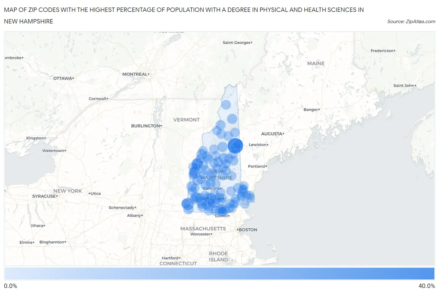 Zip Codes with the Highest Percentage of Population with a Degree in Physical and Health Sciences in New Hampshire Map