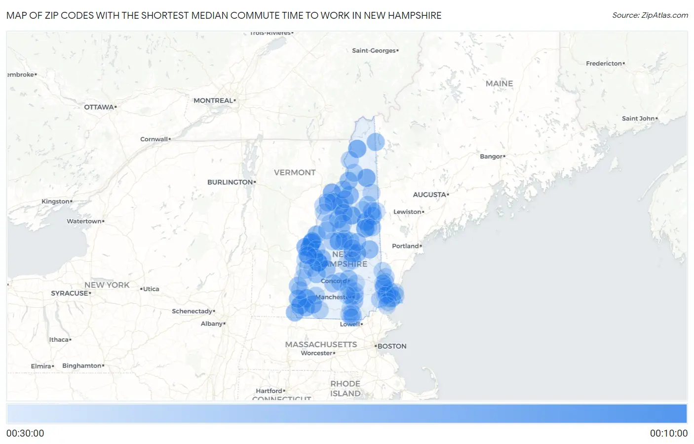 Zip Codes with the Shortest Median Commute Time to Work in New Hampshire Map
