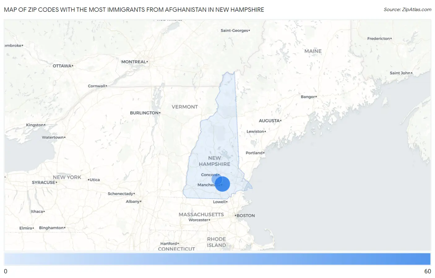 Zip Codes with the Most Immigrants from Afghanistan in New Hampshire Map