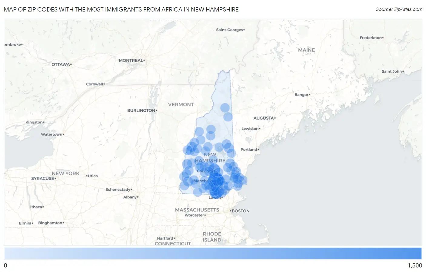 Zip Codes with the Most Immigrants from Africa in New Hampshire Map