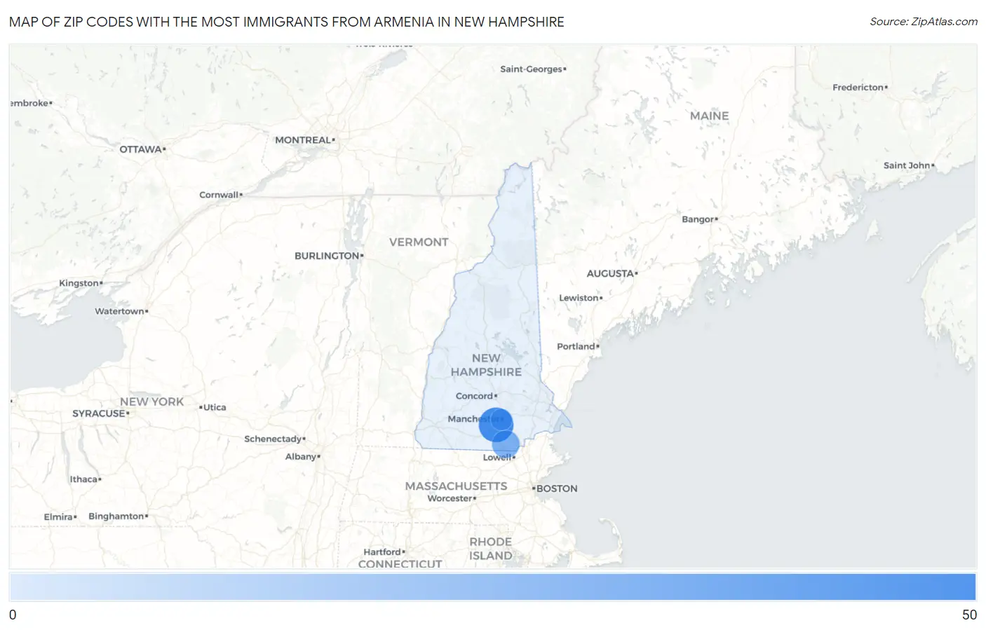 Zip Codes with the Most Immigrants from Armenia in New Hampshire Map