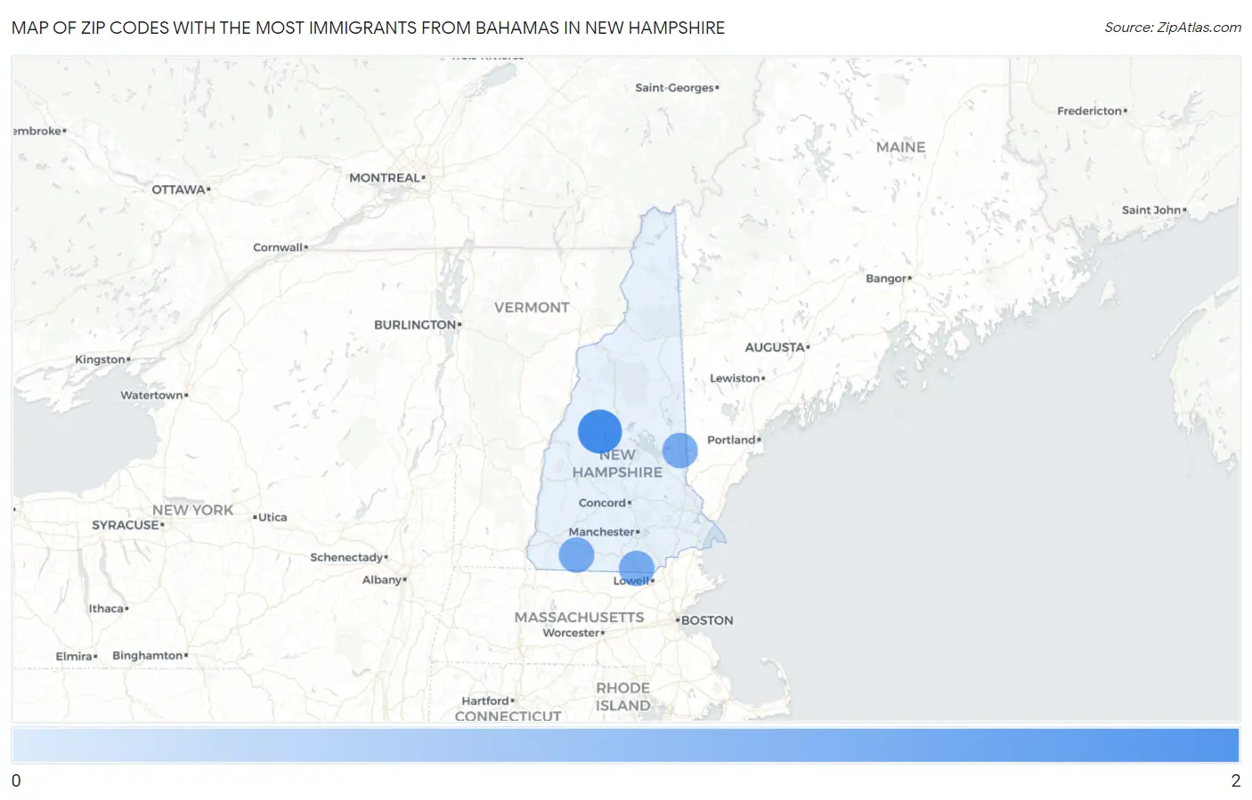 Zip Codes with the Most Immigrants from Bahamas in New Hampshire Map