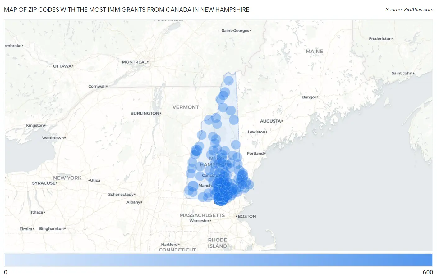 Zip Codes with the Most Immigrants from Canada in New Hampshire Map