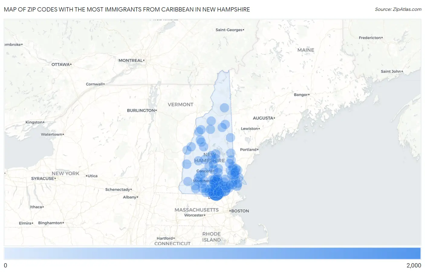 Zip Codes with the Most Immigrants from Caribbean in New Hampshire Map