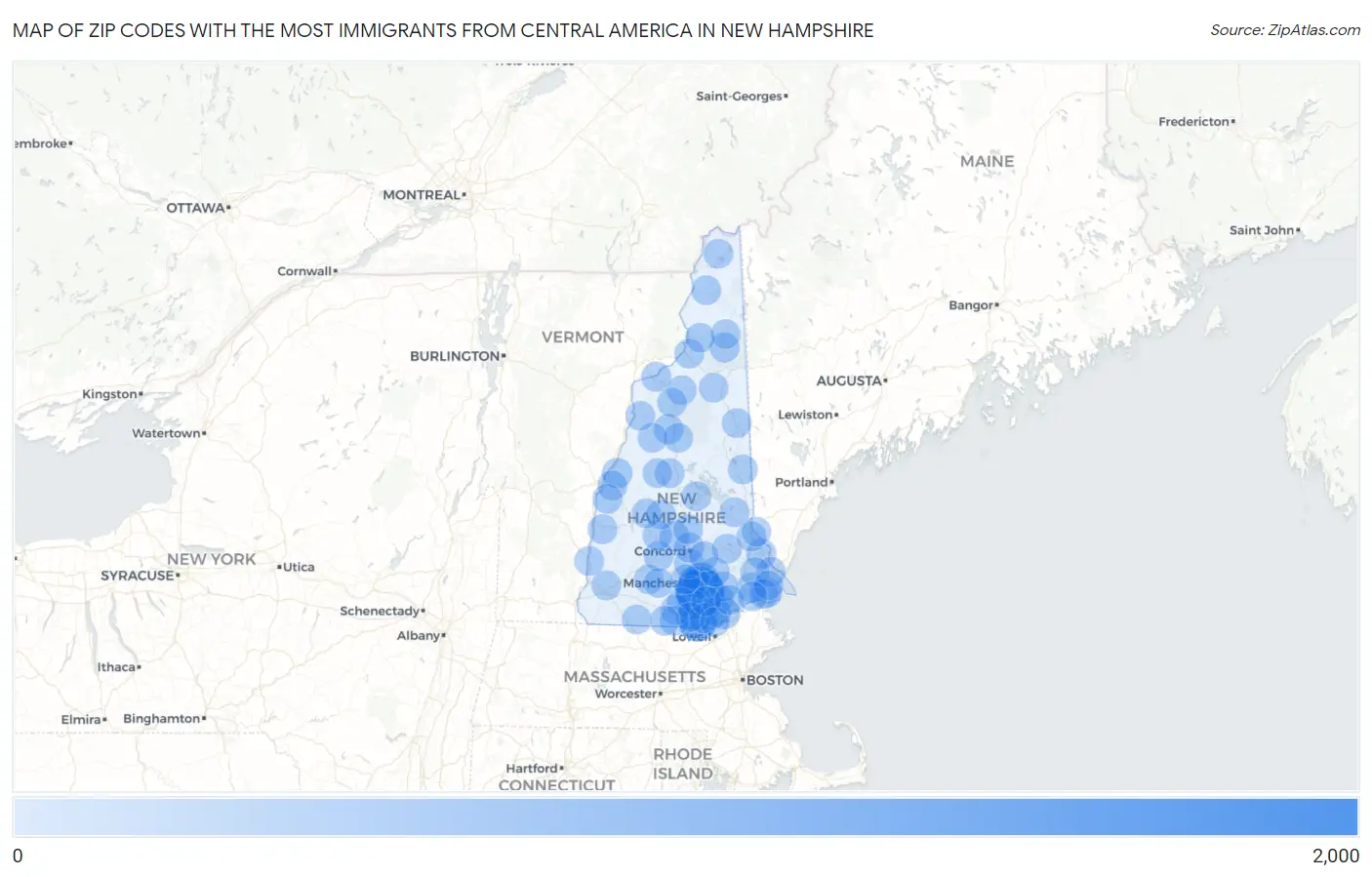 Zip Codes with the Most Immigrants from Central America in New Hampshire Map