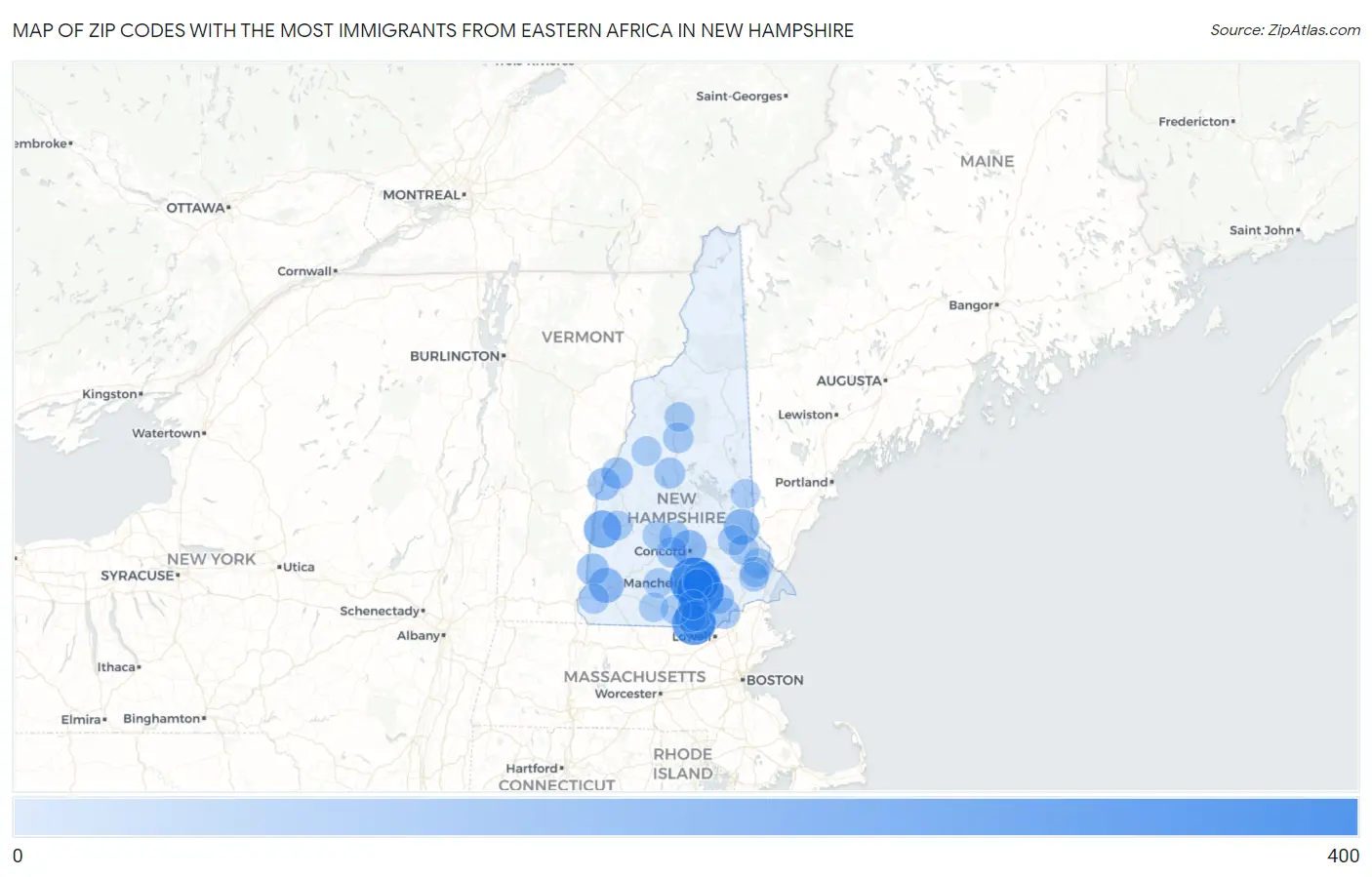 Zip Codes with the Most Immigrants from Eastern Africa in New Hampshire Map
