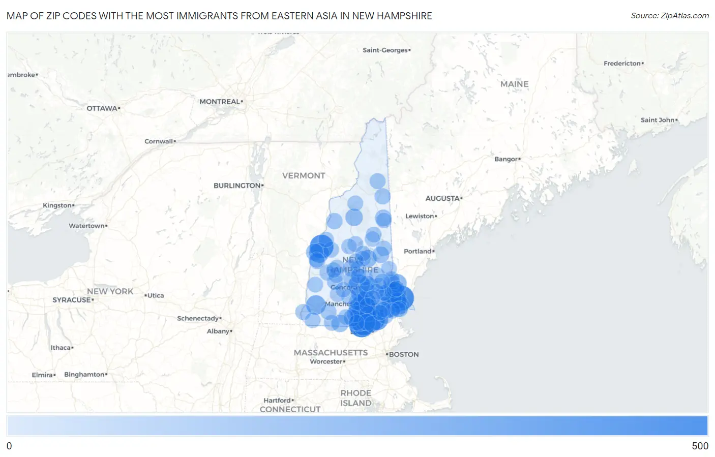 Zip Codes with the Most Immigrants from Eastern Asia in New Hampshire Map