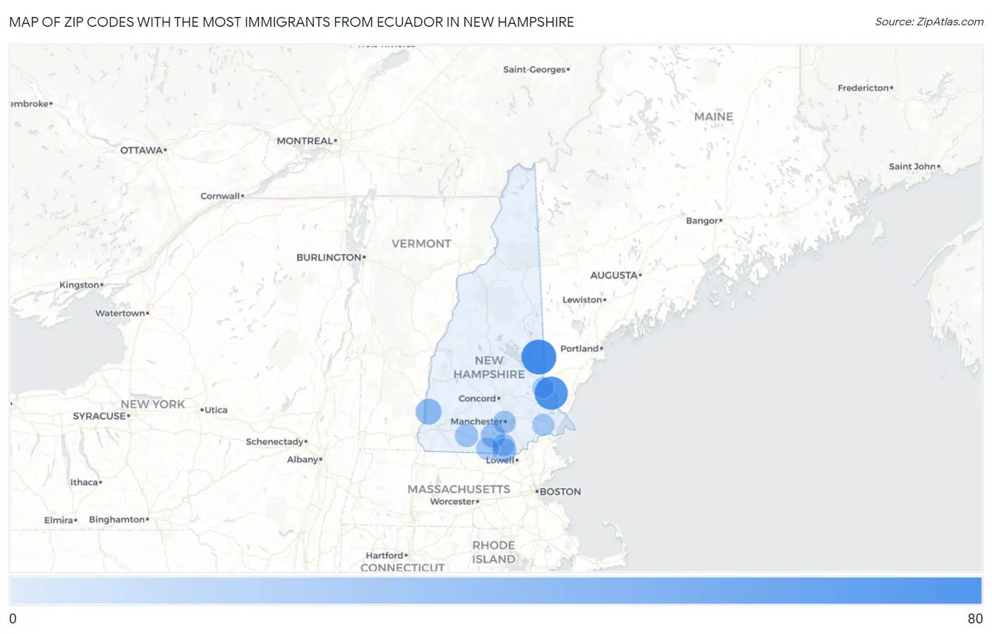 Zip Codes with the Most Immigrants from Ecuador in New Hampshire Map