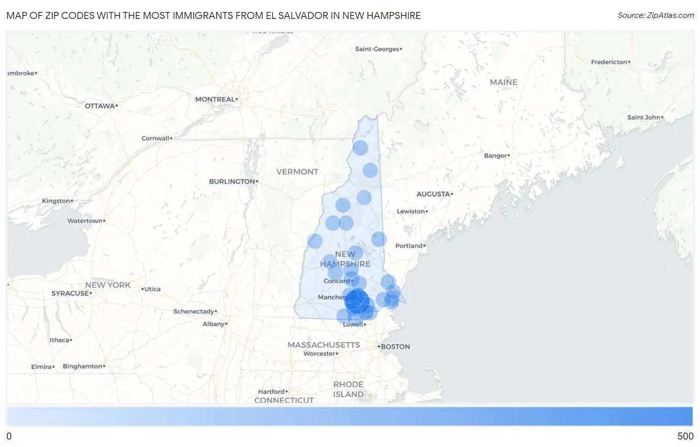 Zip Codes with the Most Immigrants from El Salvador in New Hampshire Map