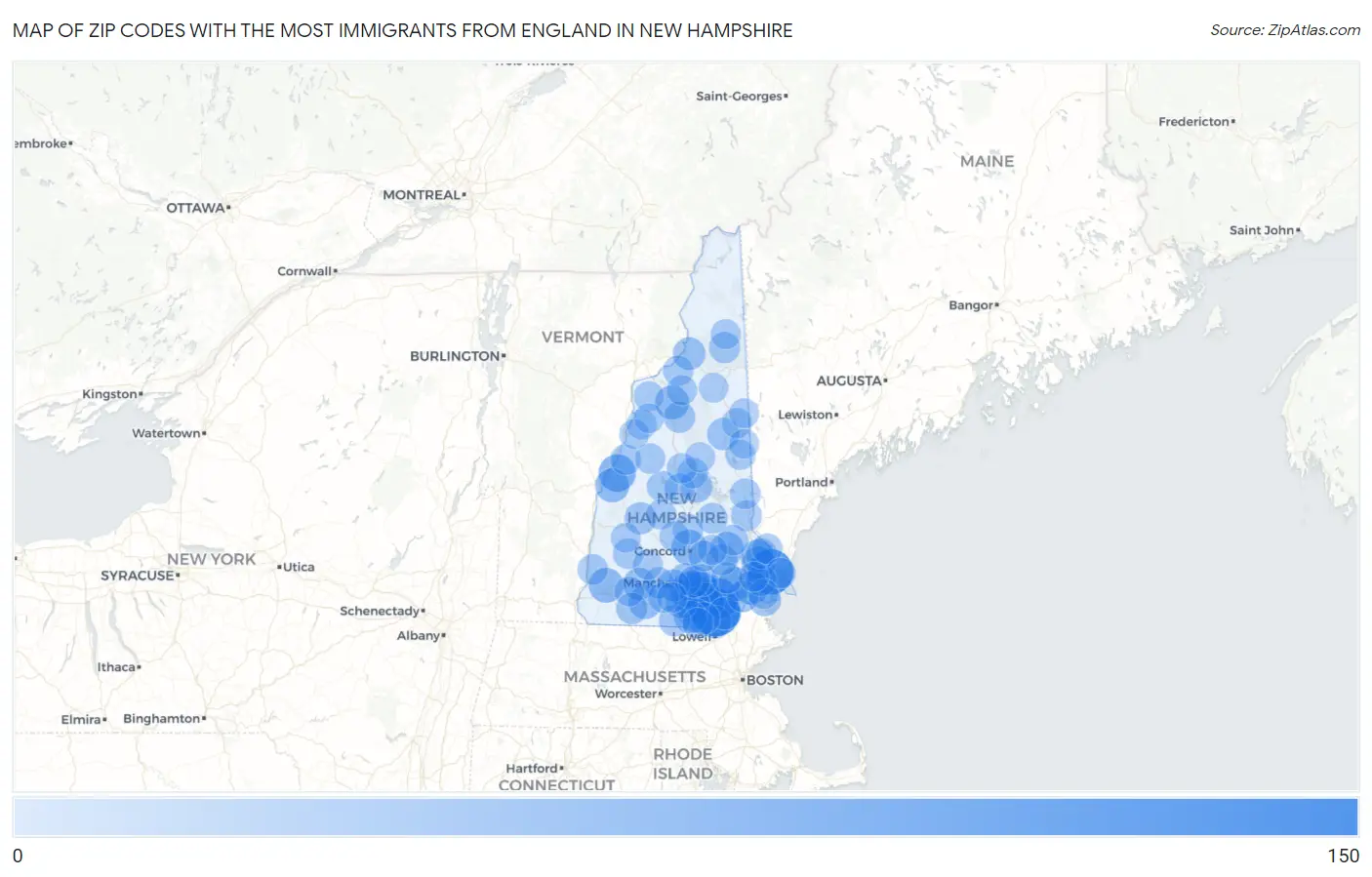 Zip Codes with the Most Immigrants from England in New Hampshire Map