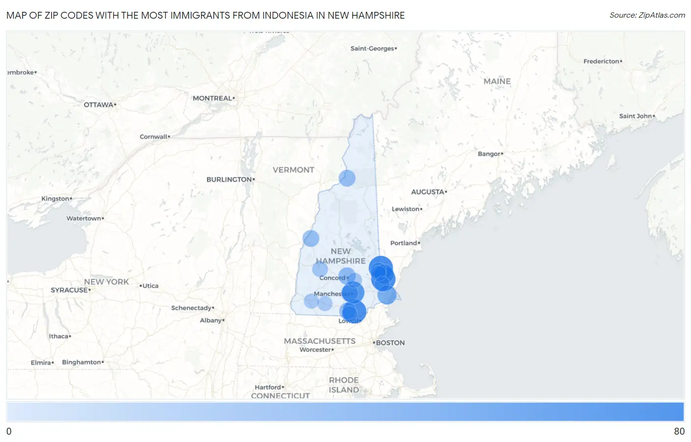 Zip Codes with the Most Immigrants from Indonesia in New Hampshire Map
