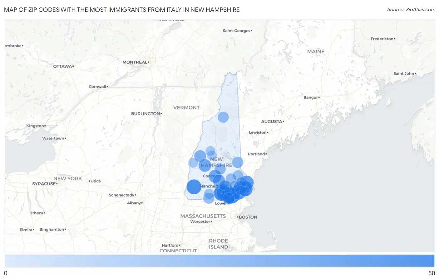 Zip Codes with the Most Immigrants from Italy in New Hampshire Map