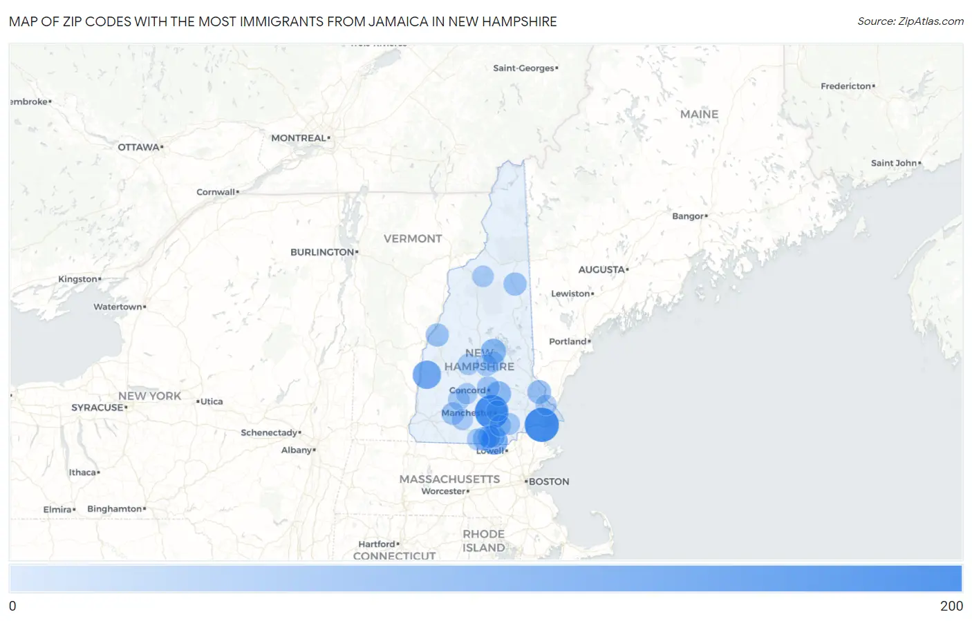 Zip Codes with the Most Immigrants from Jamaica in New Hampshire Map