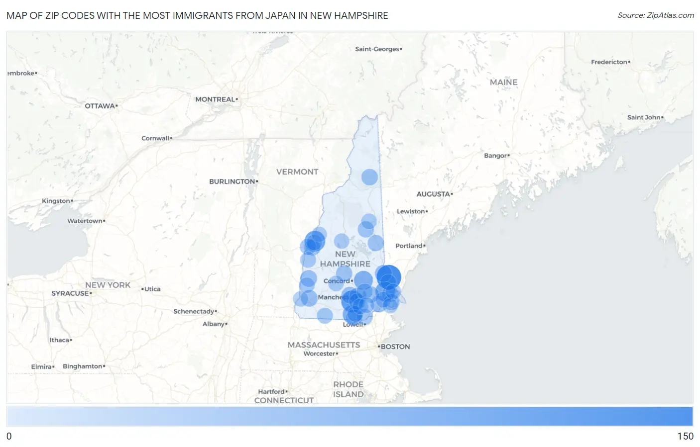 Zip Codes with the Most Immigrants from Japan in New Hampshire Map